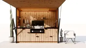 Mise en scène d'une cuisine extérieure "bbq set" vue de face designée par l'Atelier Perché