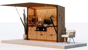 Mise en scène d'une cuisine extérieure "bbq set" vue de coté designée par l'Atelier Perché