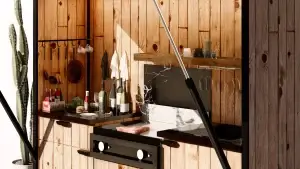Mise en scène d'une cuisine extérieure "bbq set" designée par l'Atelier Perché